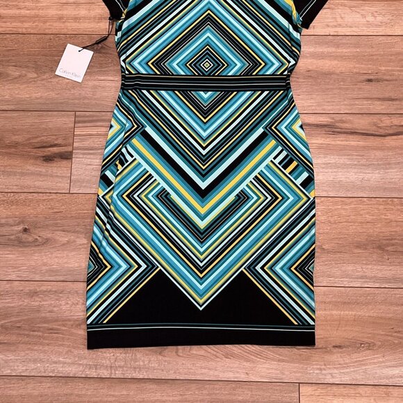 Calvin Klein Sheath Dress SZ 6 Pullover Stretch Turquoise Yellow Short Sleeve - Picture 10 of 11
